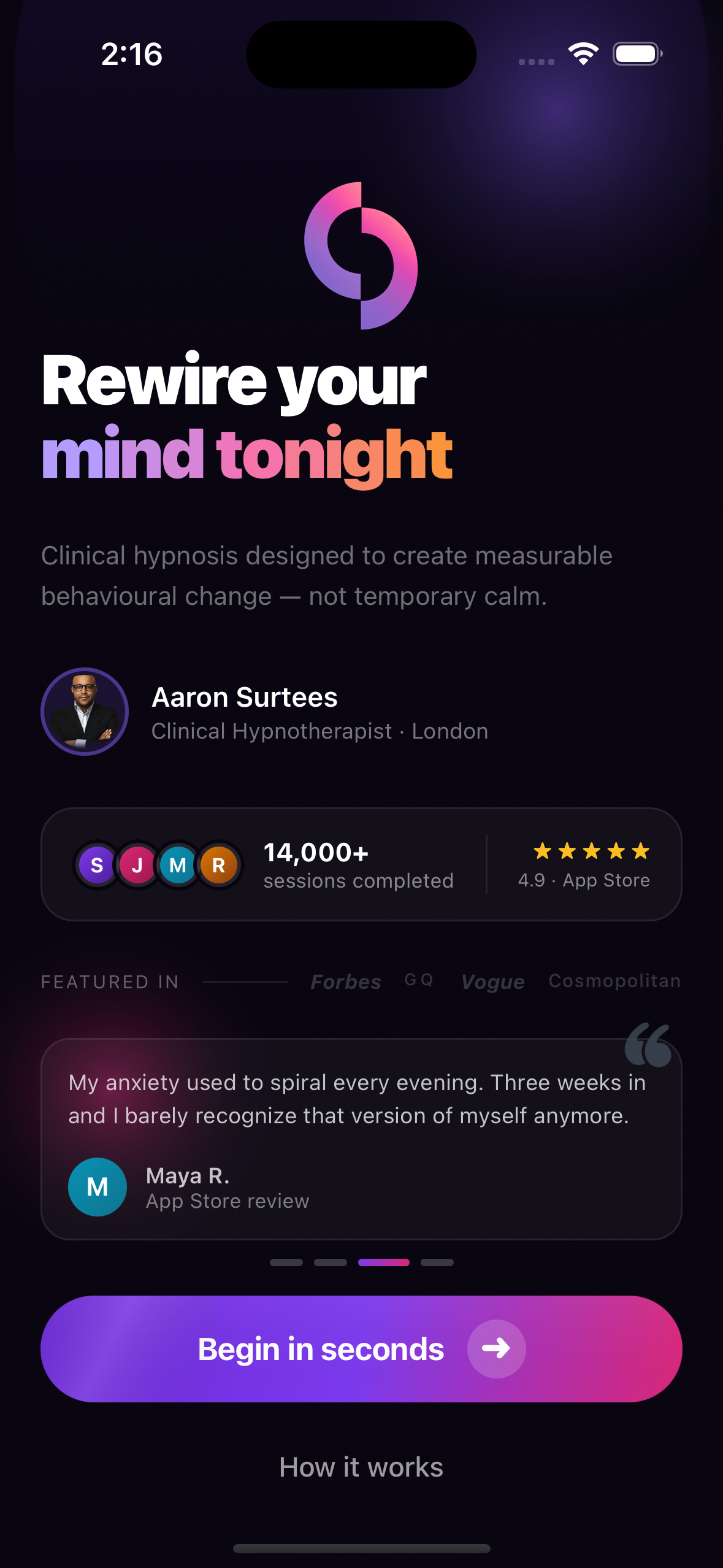 Subconsciously Explore screen — browse hypnosis categories
