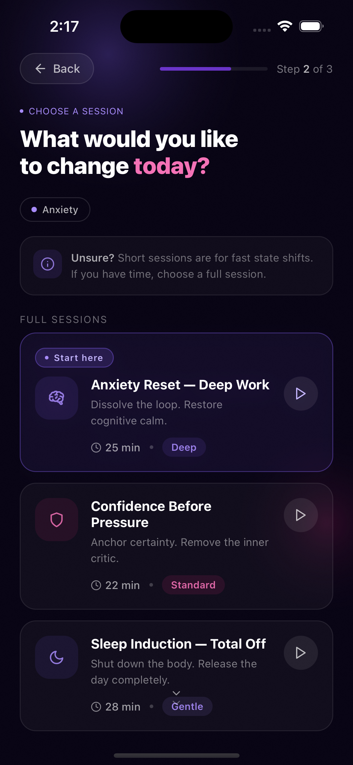 Subconsciously session screen — guided audio hypnosis